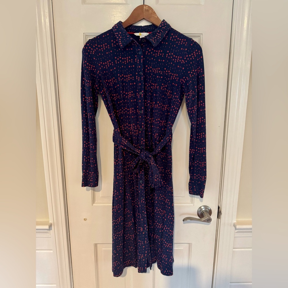 Boden Navy & Red Print Shirt Dress– Tie Waist, Button Front